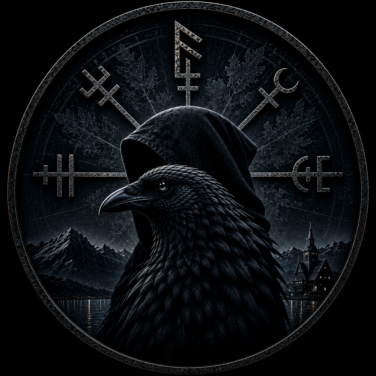 Njósnir emblem — a hooded raven before a rune compass
